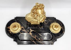 LARGE INKWELL ENCIER GILT BRONZE MARBLE